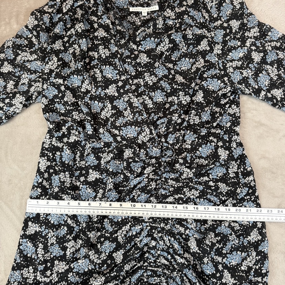 Veronica Beard Sean Wrap Dress Womens 20 Black Ditsy Floral Silk Ruched Ruffle - Picture 12 of 14